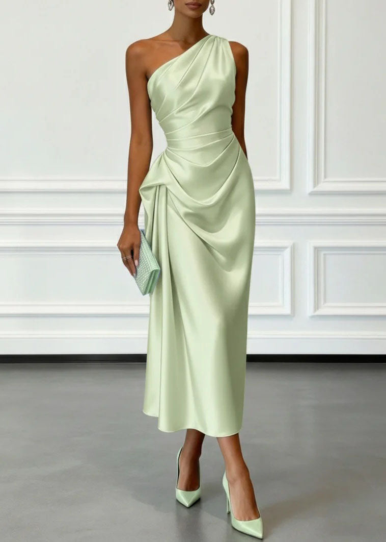 Women Champagne One Shoulder Wrinkled Silk Dress Summer