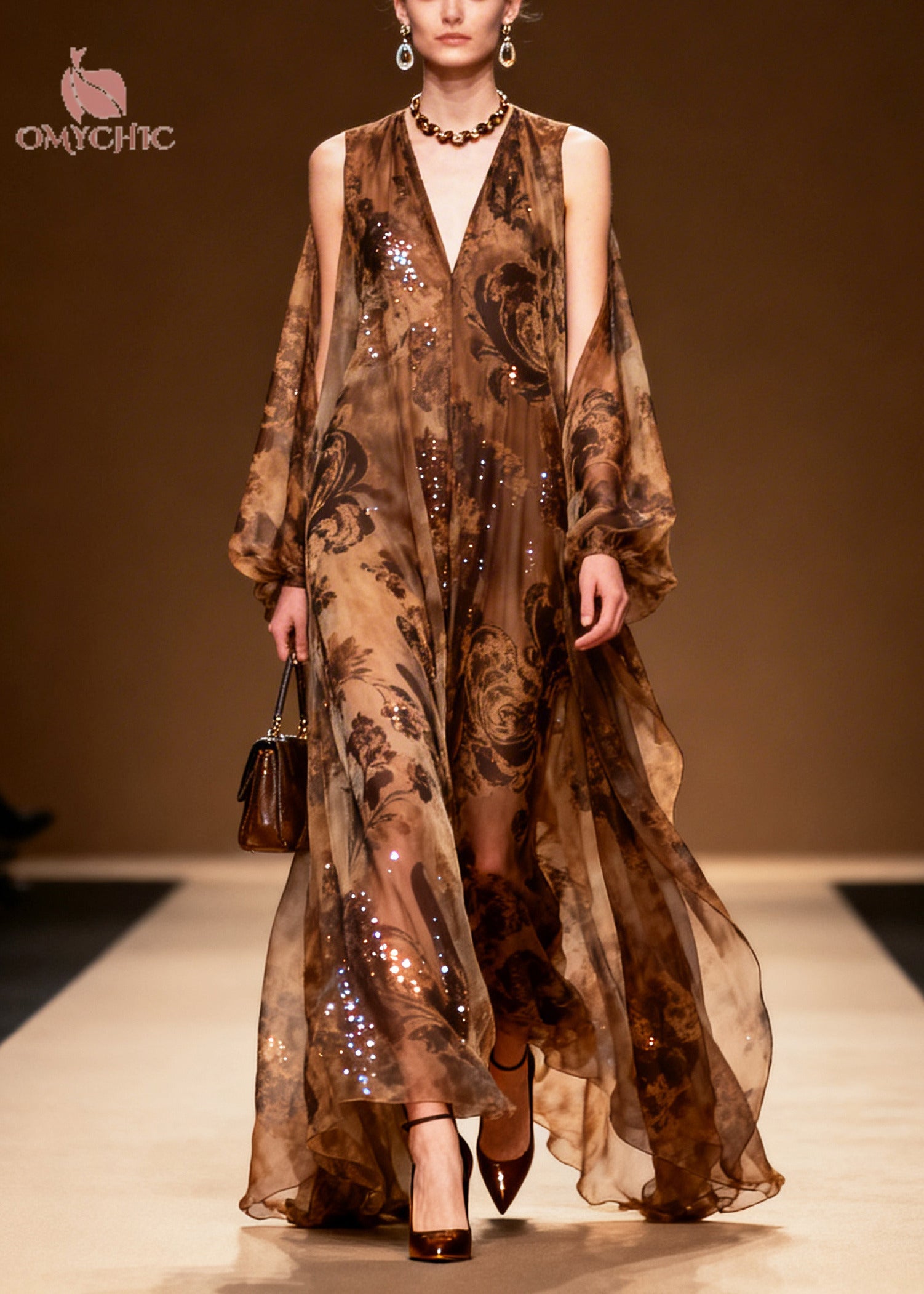 Women Coffee Print Sparkly Silk Vestidos Dresses Summer