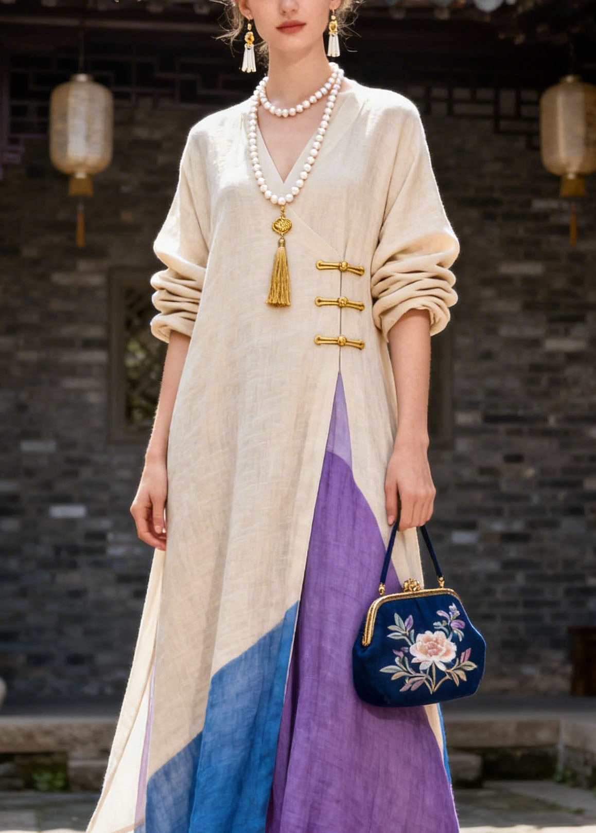 Women Colorblock V Neck Button Patchwork Cotton Dress Summer