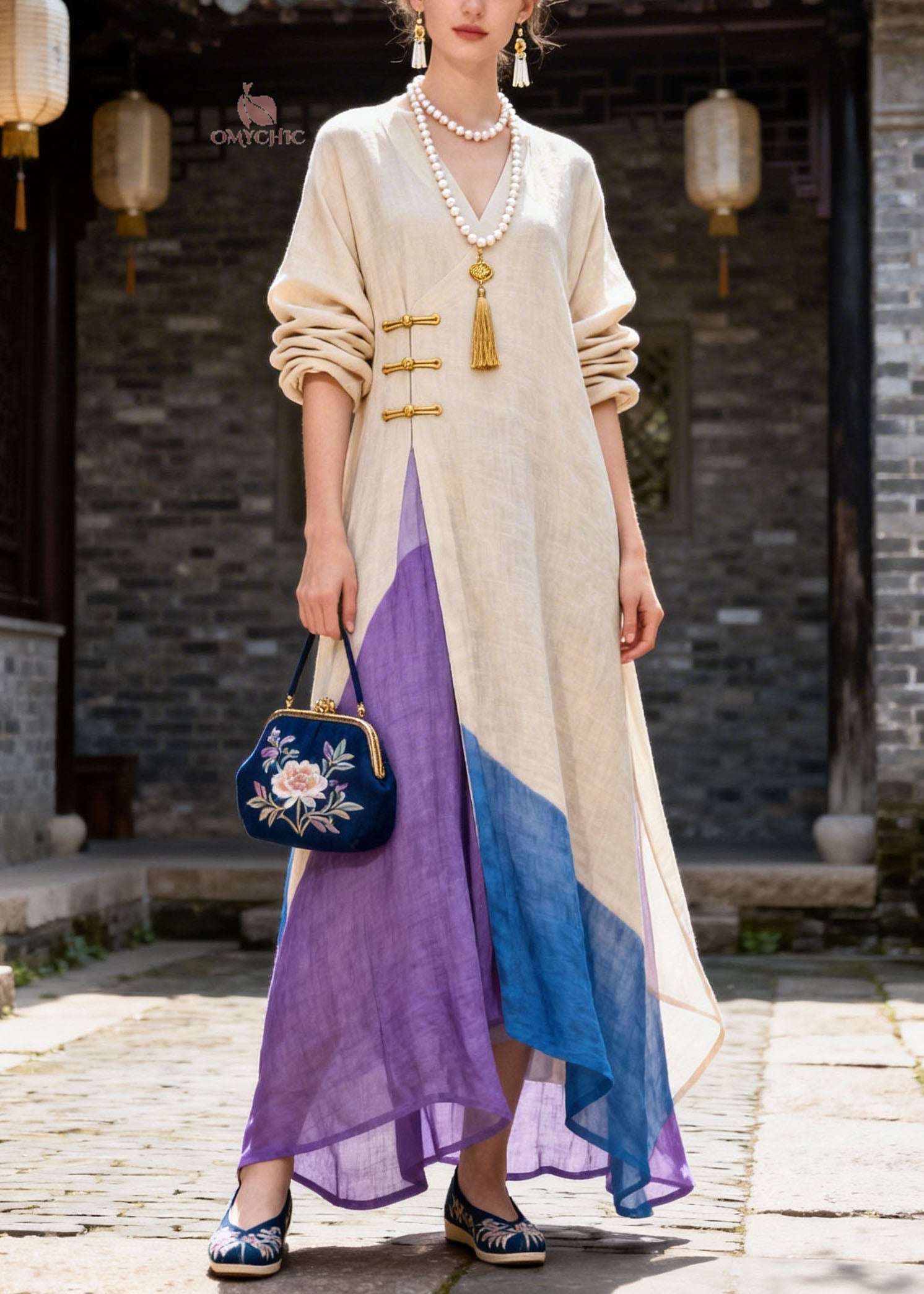 Women Colorblock V Neck Button Patchwork Cotton Dress Summer