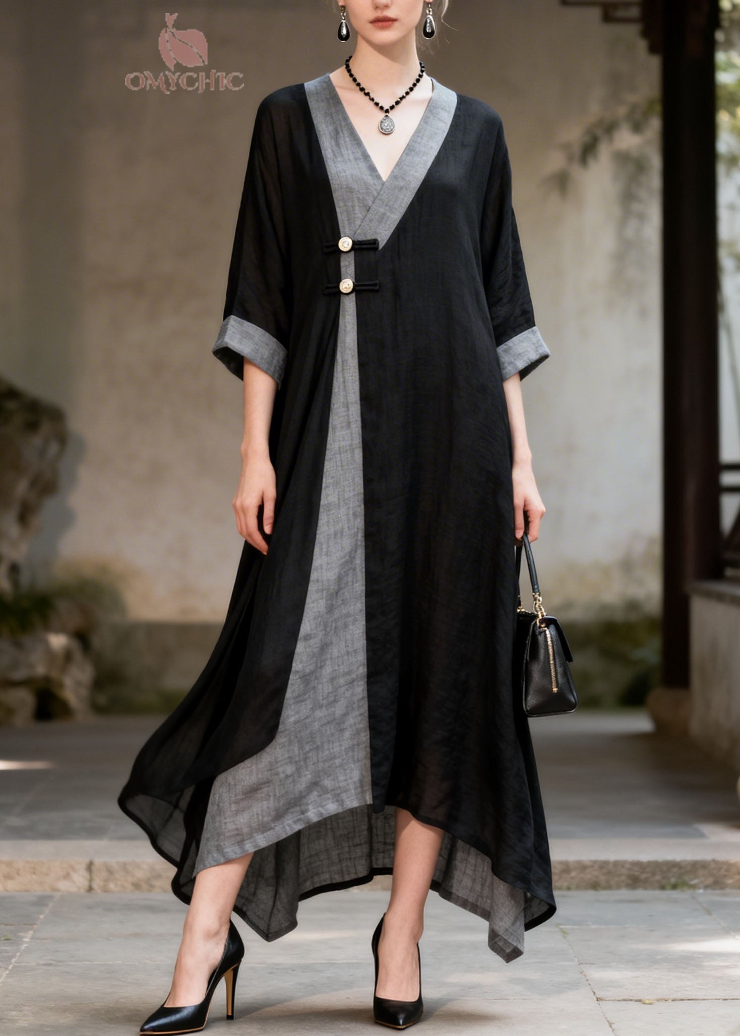 Women Colorblock V Neck Patchwork Cotton Long Dresses Summer