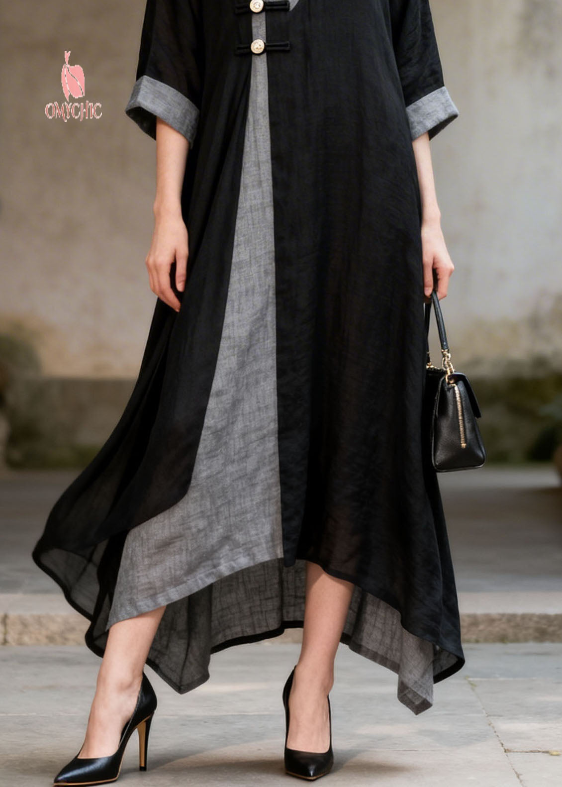 Women Colorblock V Neck Patchwork Cotton Long Dresses Summer