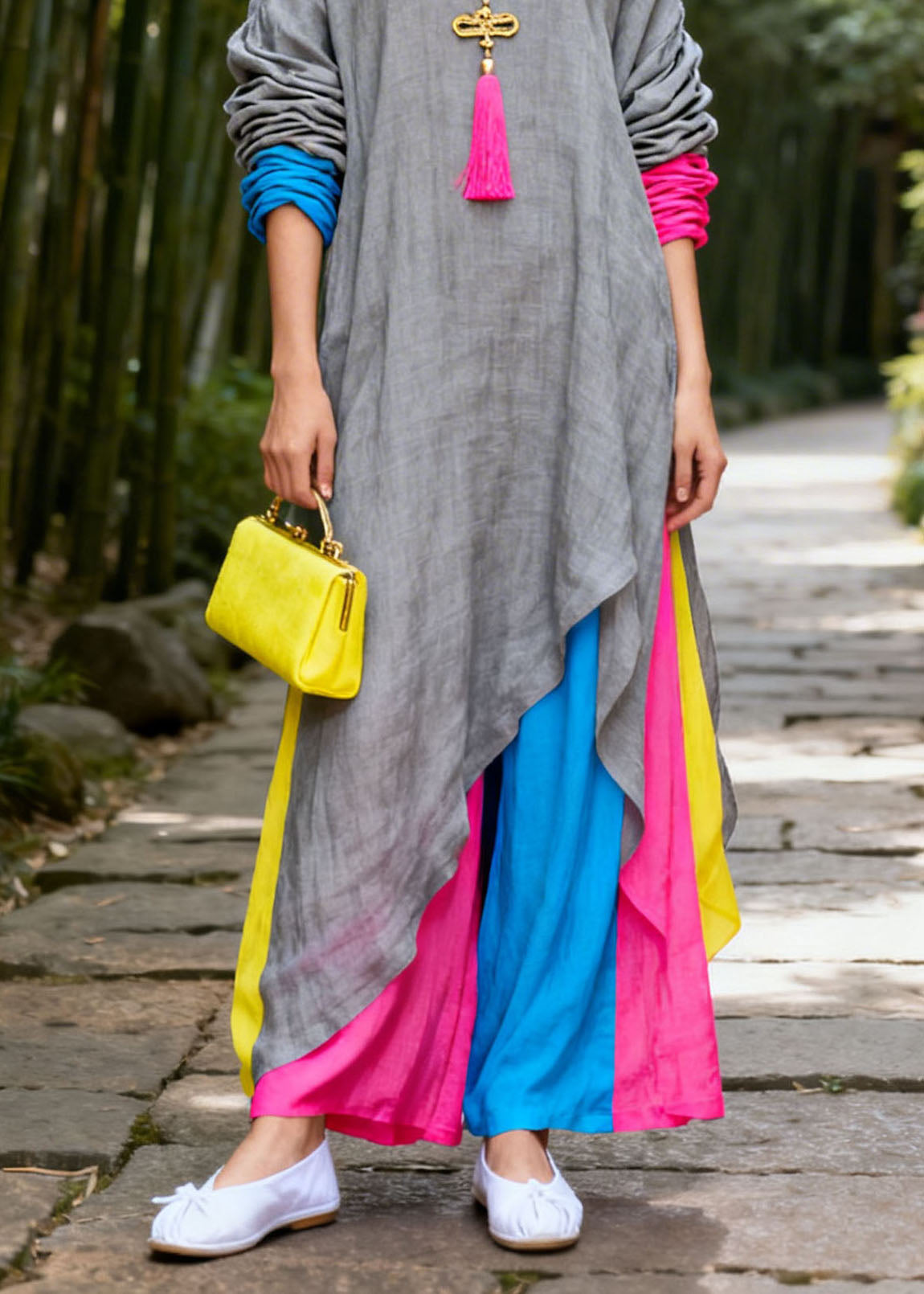 Women Colorblock V Neck Patchwork Cotton Maxi Dresses Summer