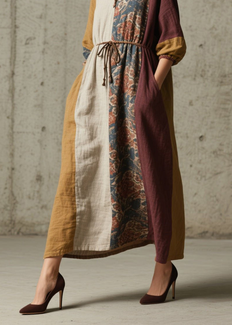 Women Colorblock V Neck Print Lace Up Cotton Dresses Fall
