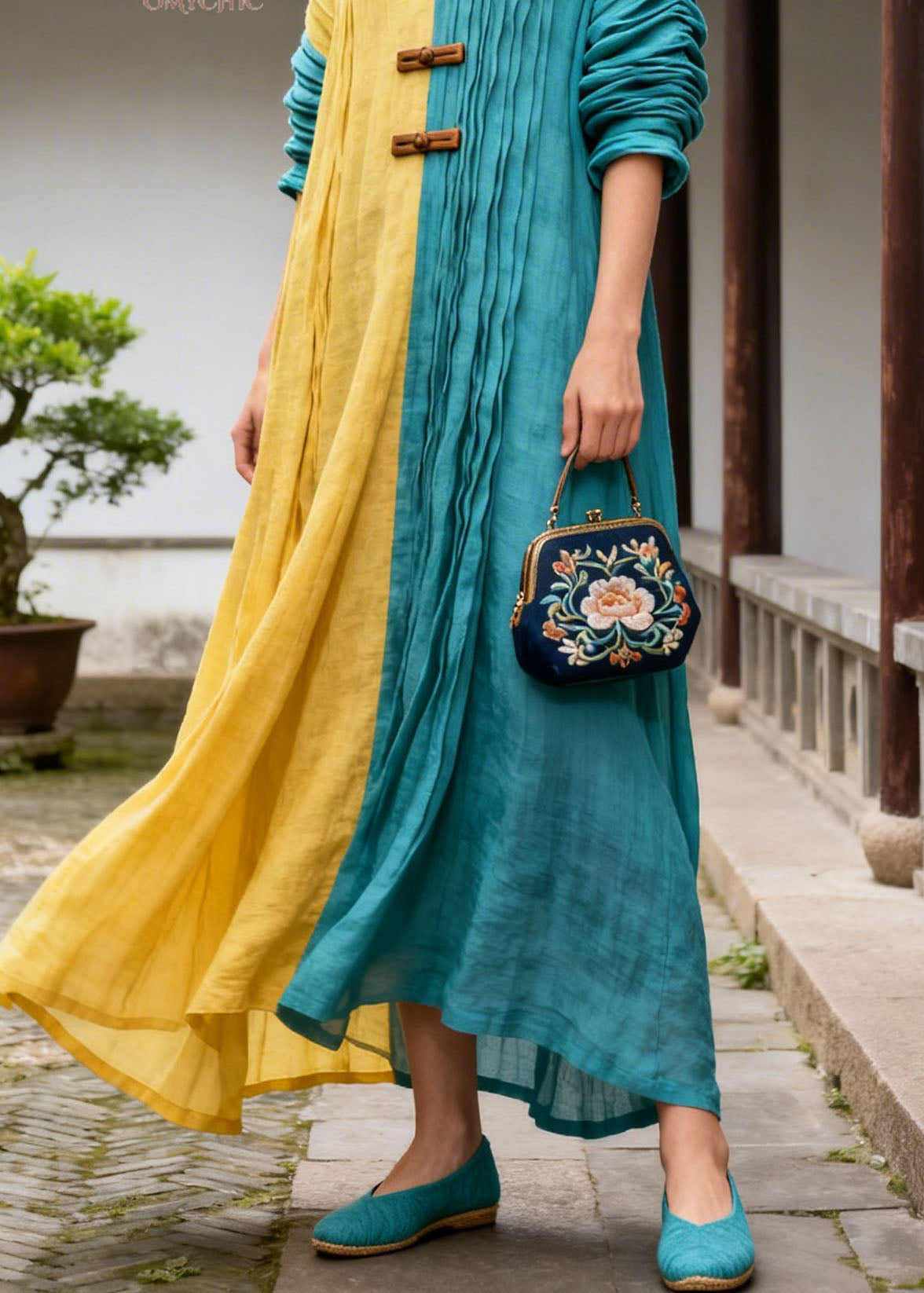 Women Colorblock V Neck Wrinkled Patchwork Cotton Dresses Summer