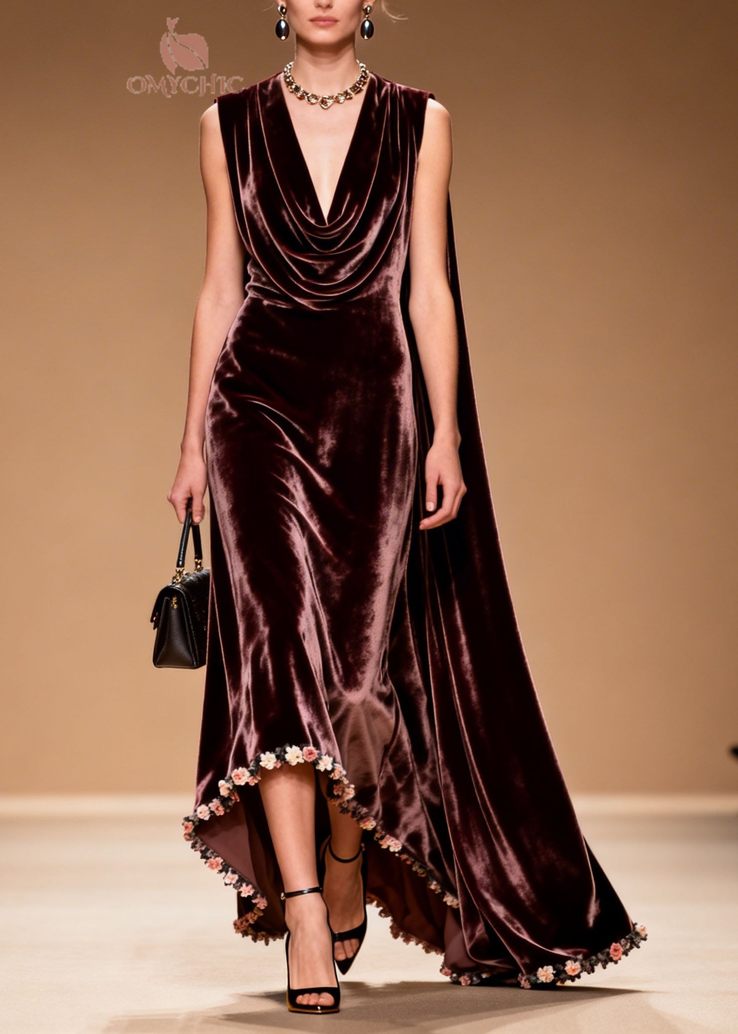 Women Draped Neckline Asymmetrical Floral Patchwork Velvet Dress Sleeveless