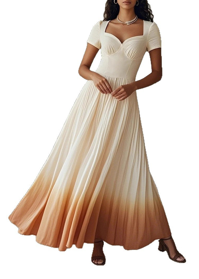 Women Gradient Color Wrinkled Patchwork Cotton Dress Summer