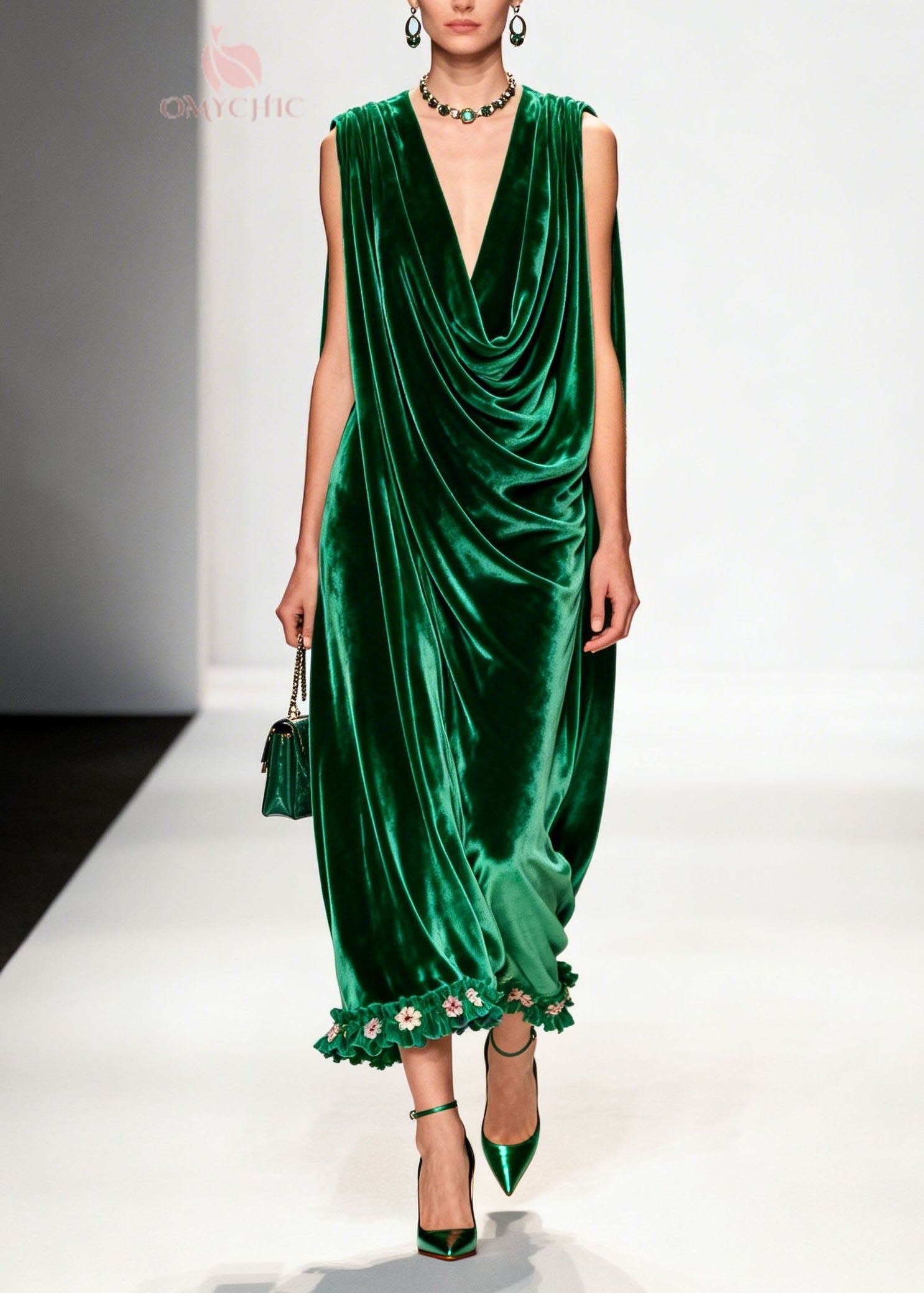 Women Green Ruffled Floral Patchwork Velvet Ankle Dress Sleeveless