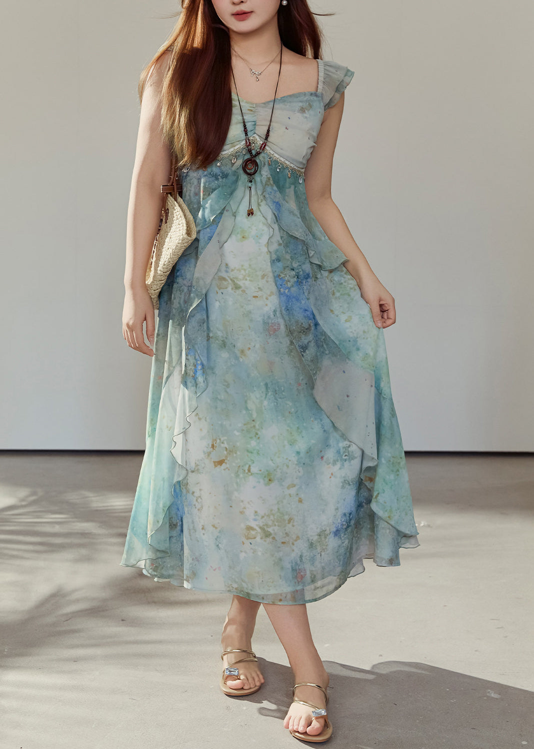 Women Green Ruffled Print Chiffon Vacation Dresses Summer
