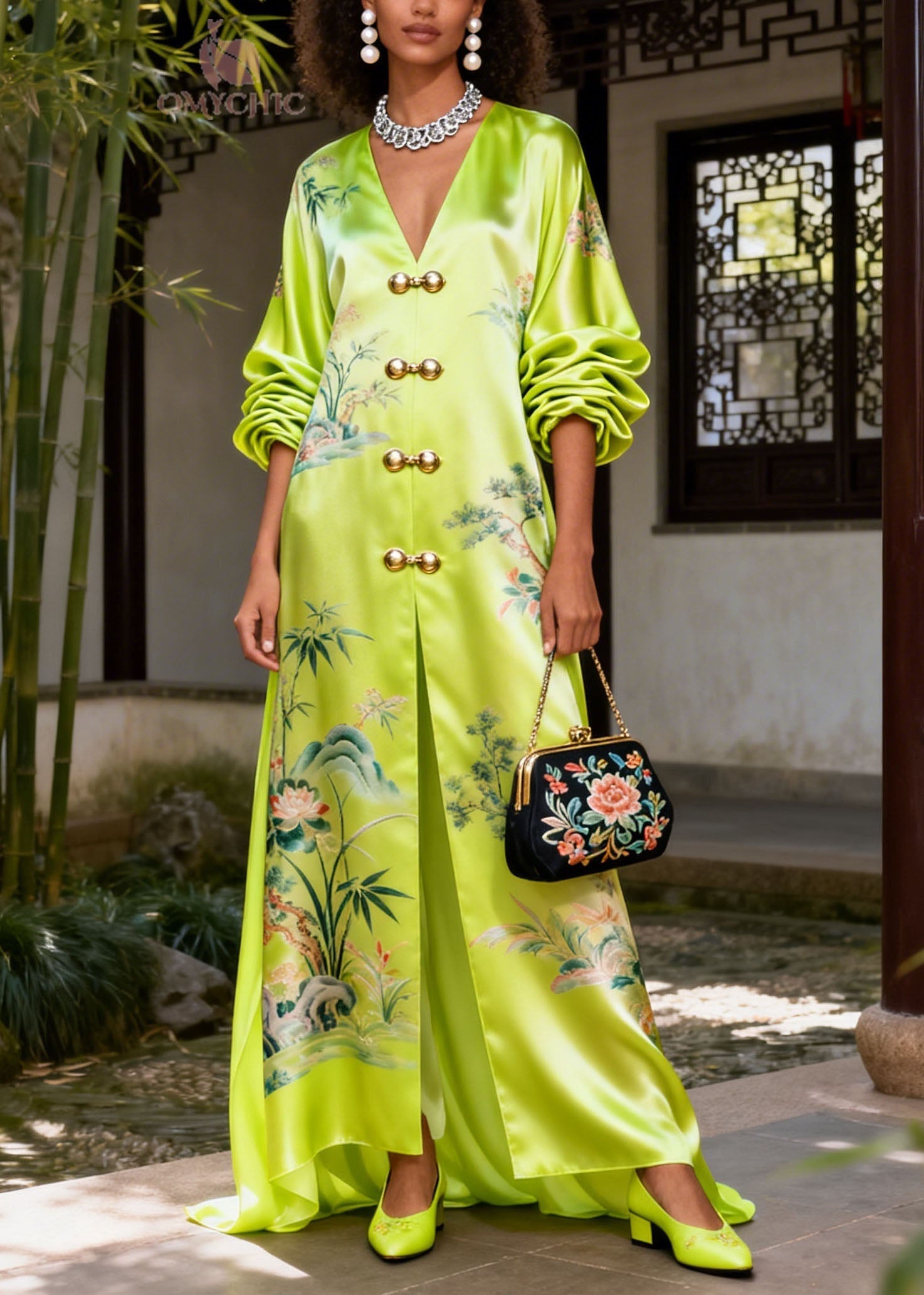 Women Green V Neck Print Silk Vacation Dresses Summer