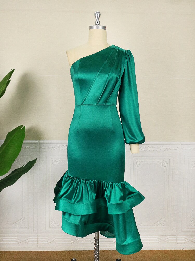 One Shoulder Evening Dress Diagonal Collar Long Sleeve Party Dress