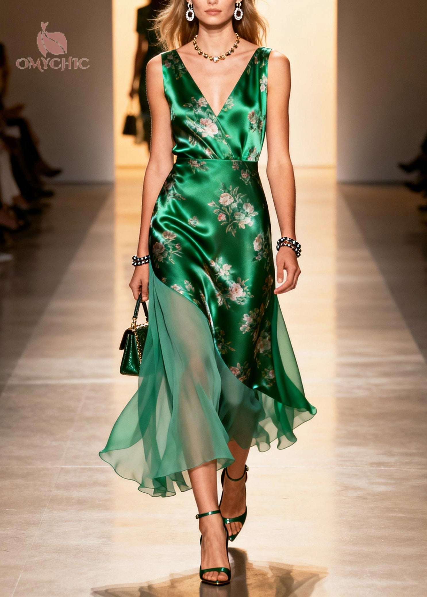 Women Peacock Green Print Patchwork Silk Cami Dresses Summer