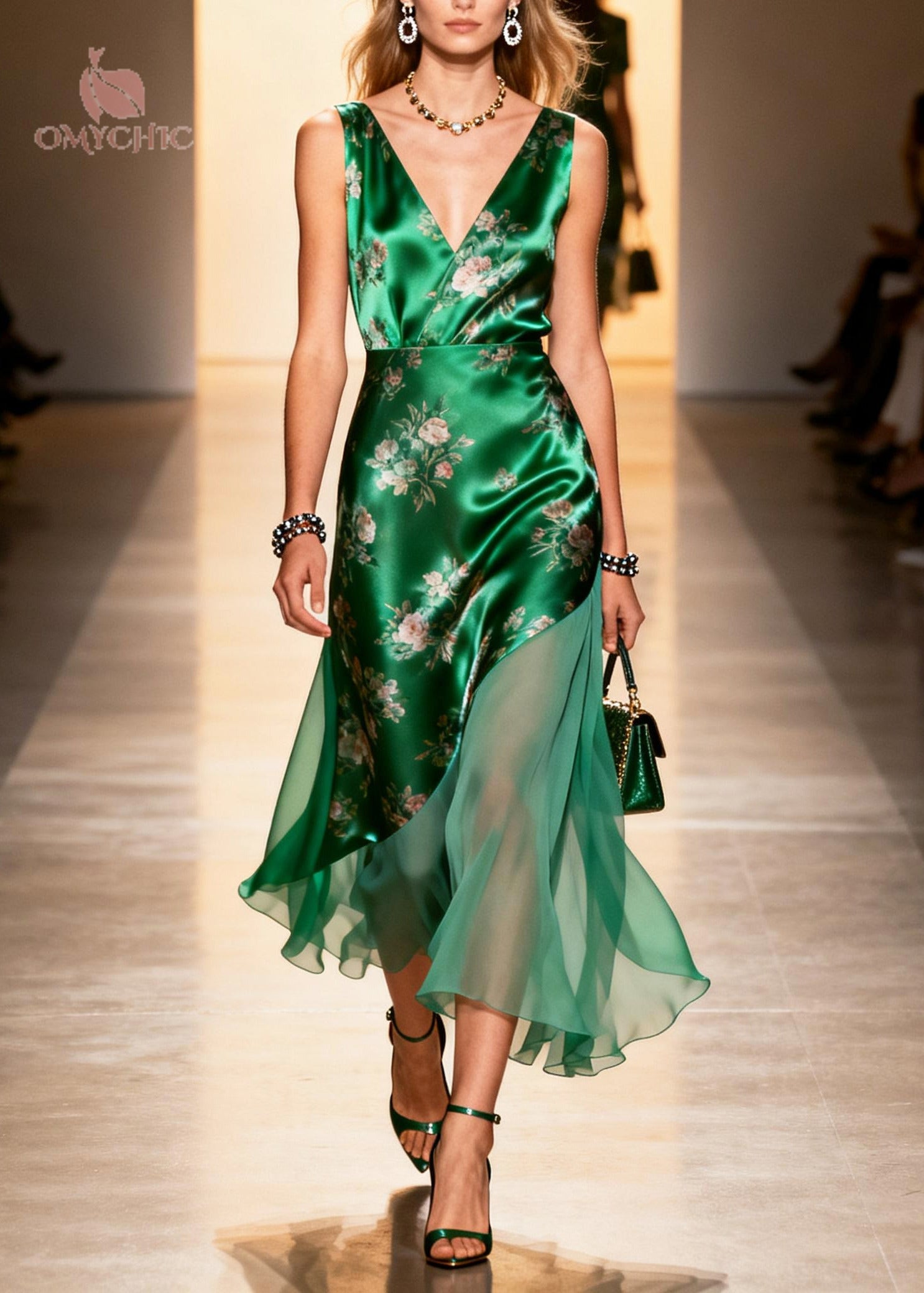 Women Peacock Green Print Patchwork Silk Cami Dresses Summer