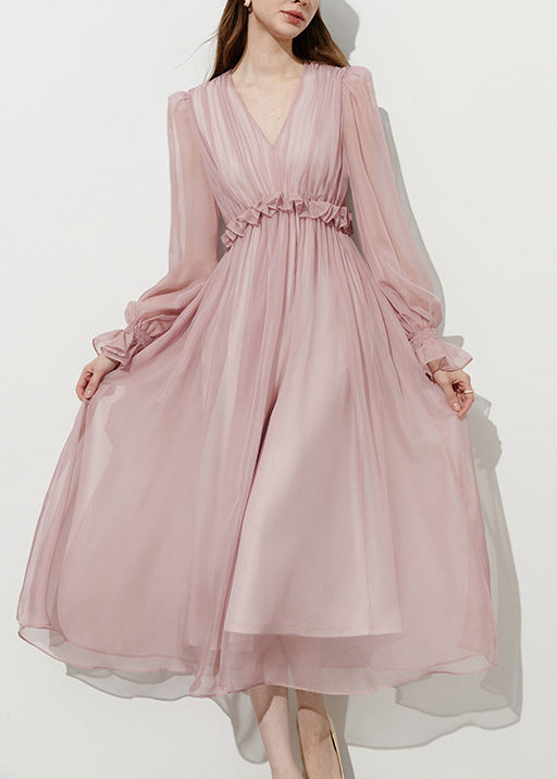 Women Pink Ruffled Chiffon Holiday Dress Summer