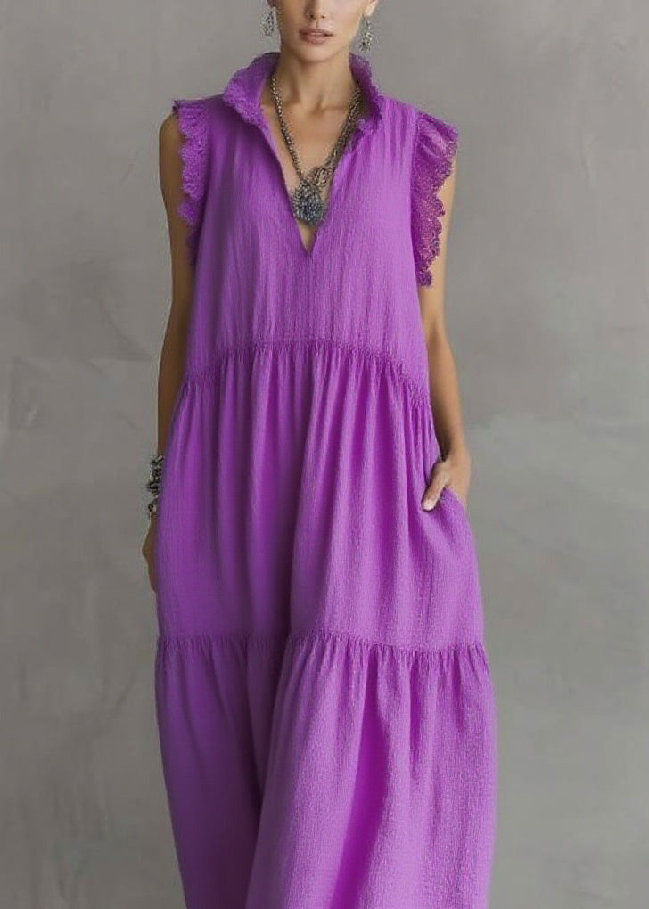 Women Purple Ruffled Lace Patchwork Cotton Dresses Sleeveless