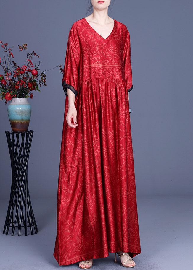 Women Red Print Silk Half Sleeve Summer Dresses