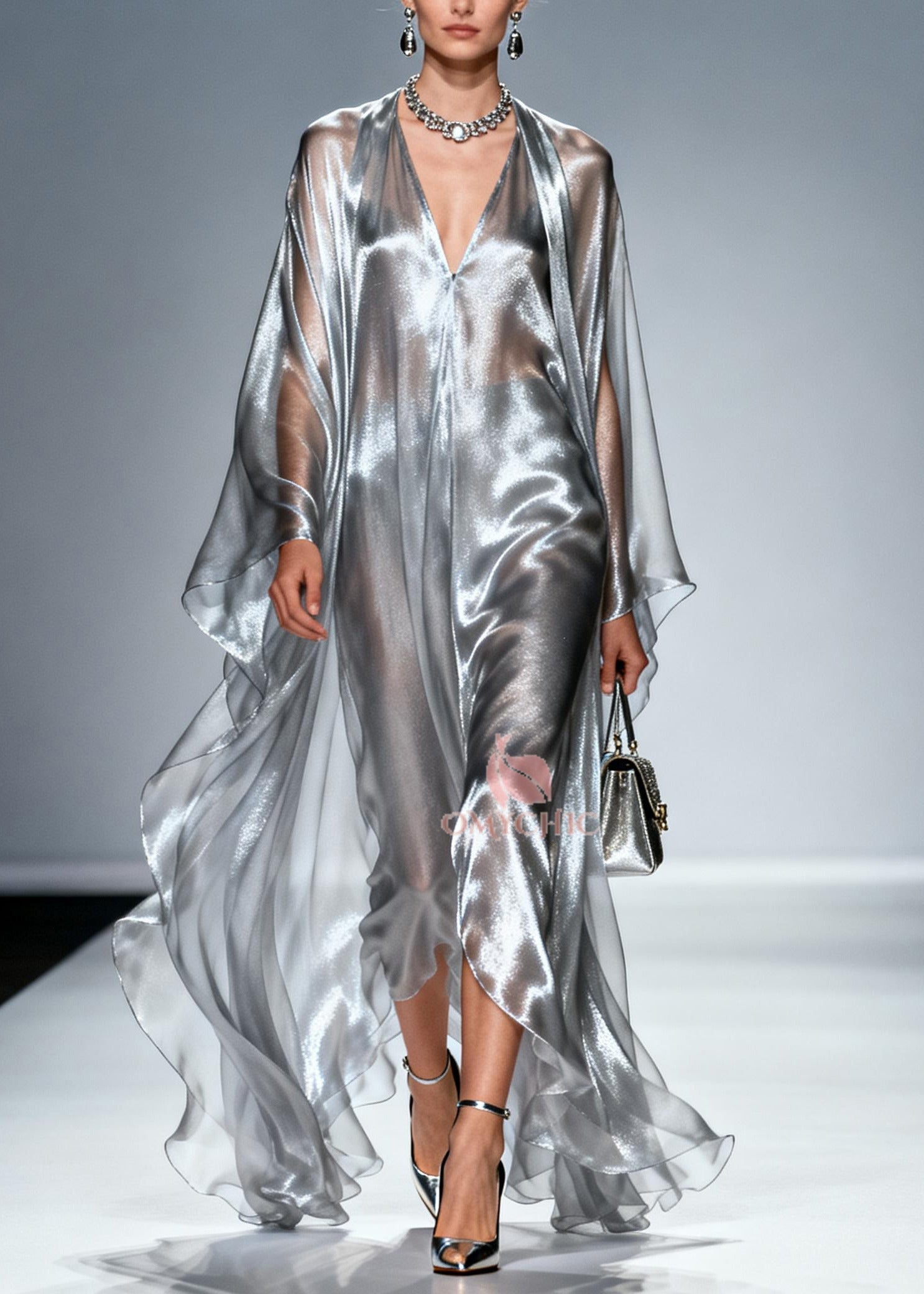Women Silvery Oversized Draping Chiffon Maxi Dresses Summer