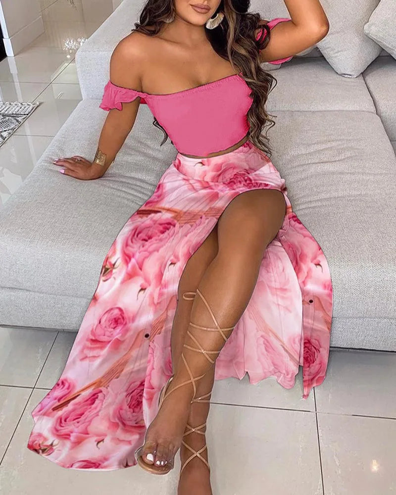 DressBetty - Summer Floral Print Elegant Off Shoulder Split Long Maxi Skirt - View 15 | VelvetHem