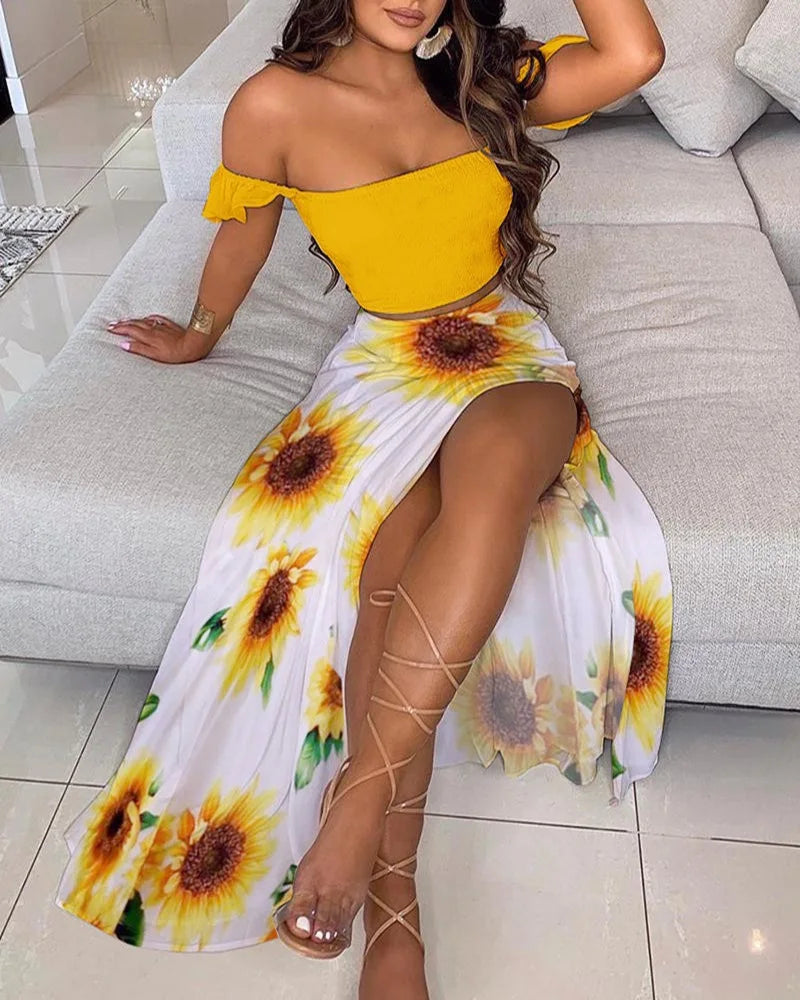 DressBetty - Summer Floral Print Elegant Off Shoulder Split Long Maxi Skirt - View 4 | VelvetHem