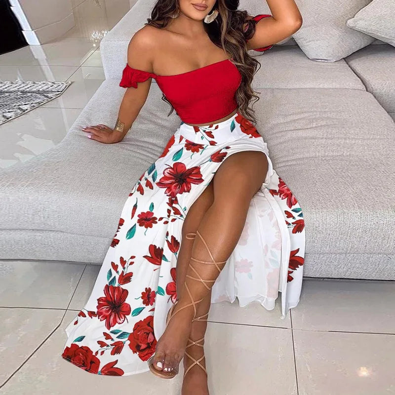 DressBetty - Summer Floral Print Elegant Off Shoulder Split Long Maxi Skirt - View 2 | VelvetHem