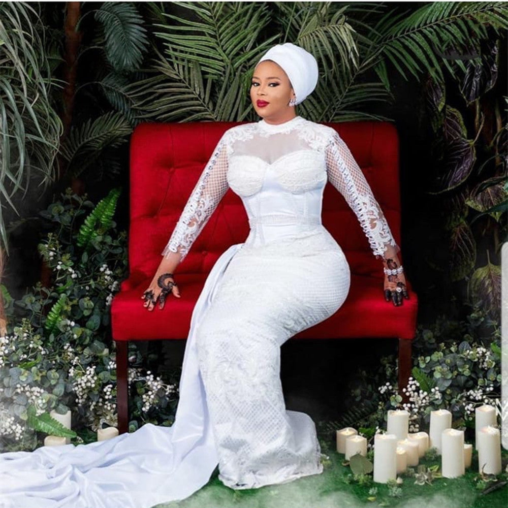 Women Tulle White Lace Appliques Mermaid Wedding Dresses WIth Long Sleeves