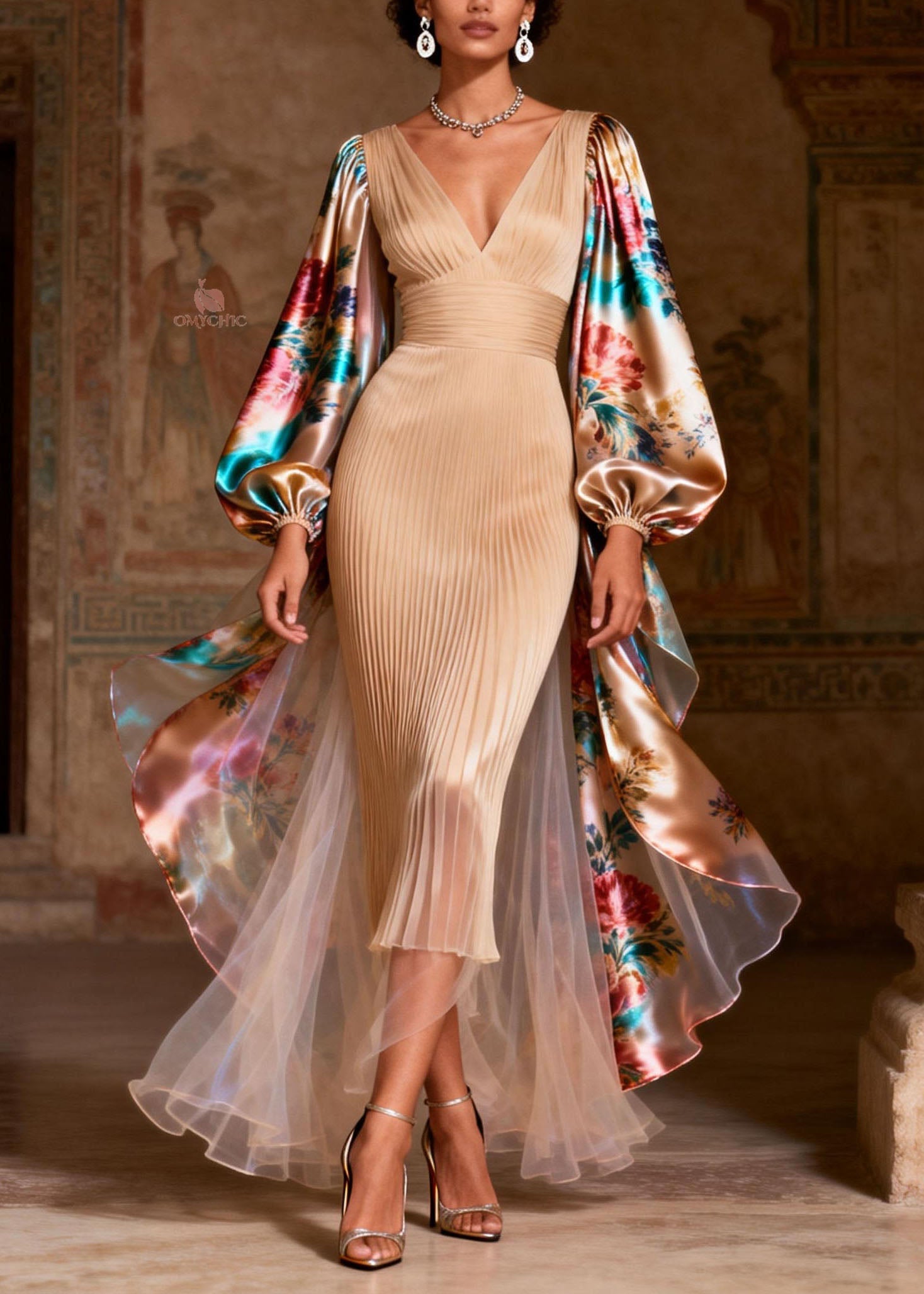 Women V Neck Print Patchwork Silk Long Dress Spring