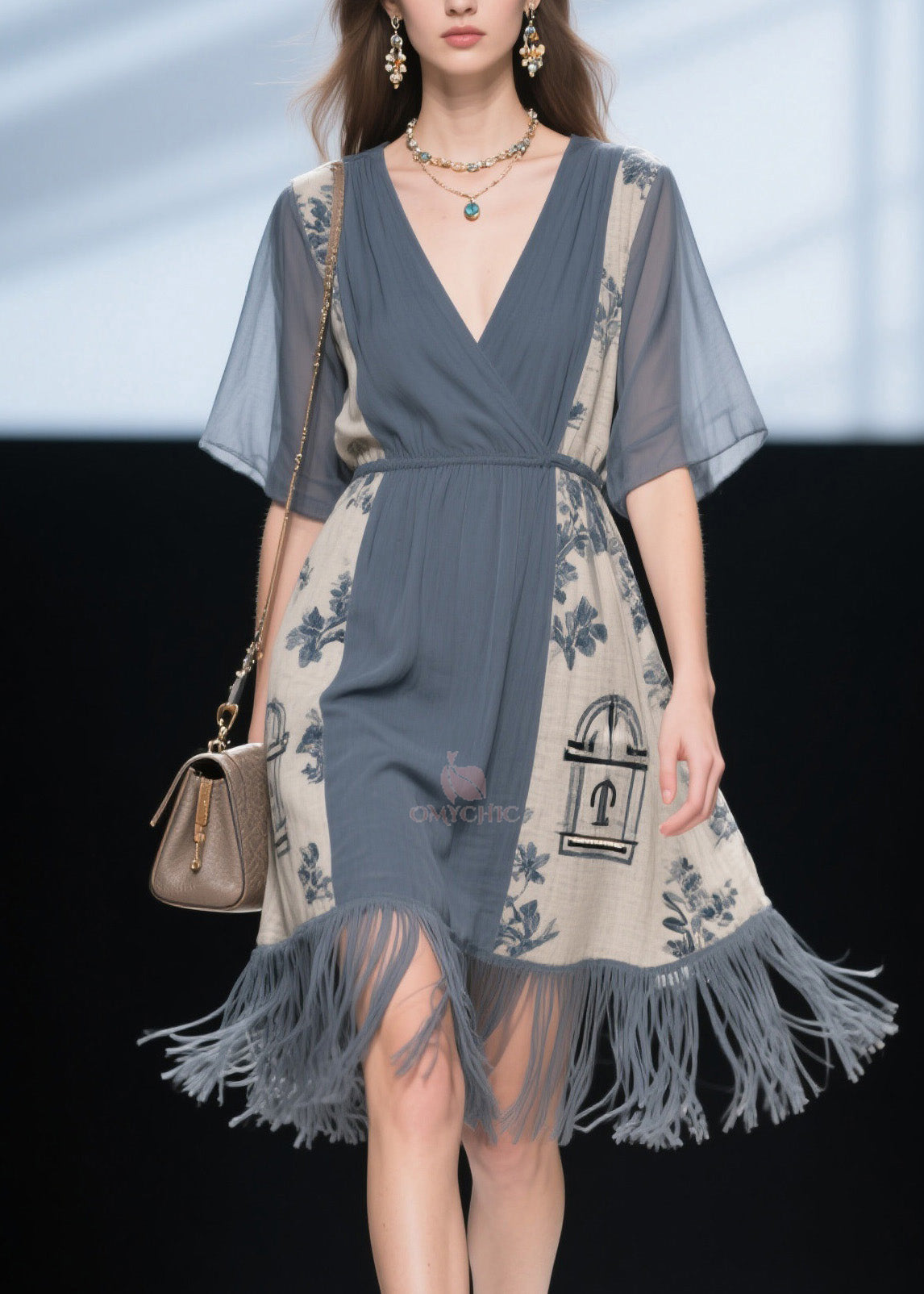 Women V Neck Print Tassel Patchwork Cotton Dress Summer