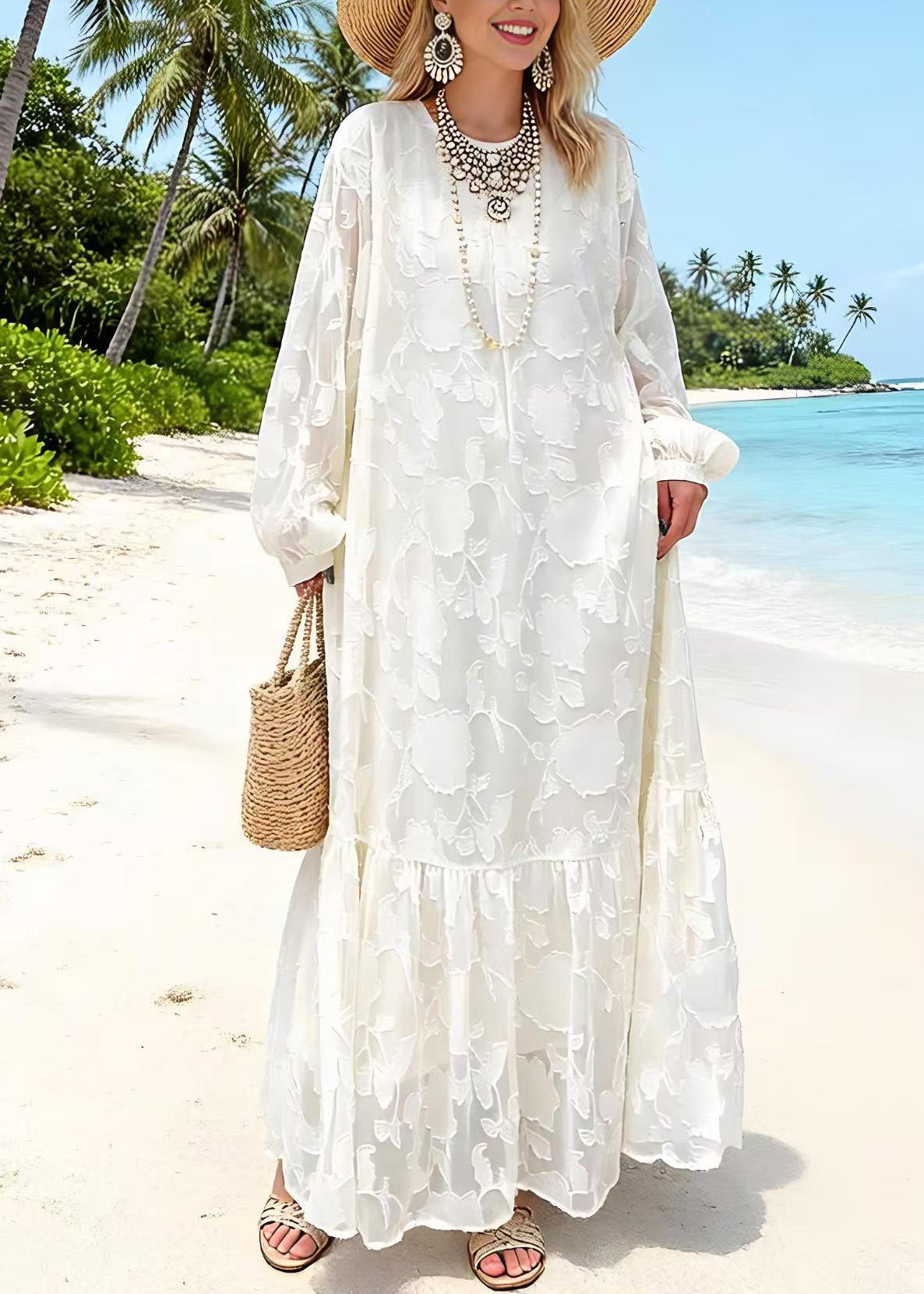 Women White O Neck Embroidered Lace Dresses Spring