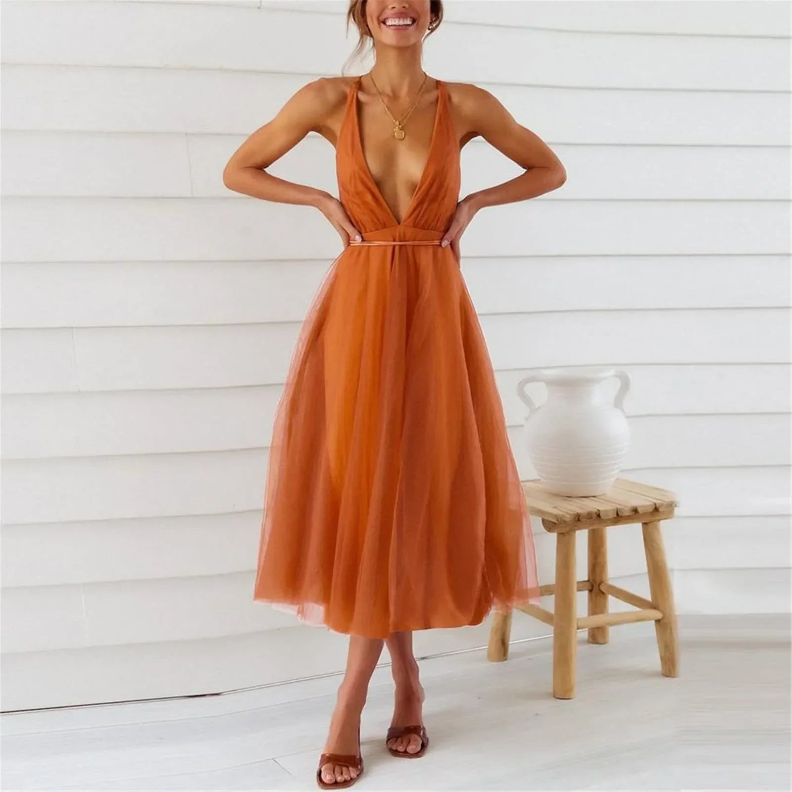 LaceUp Empire Waist Deep VNeck Backless Tulle Bridesmaid Midi Dress