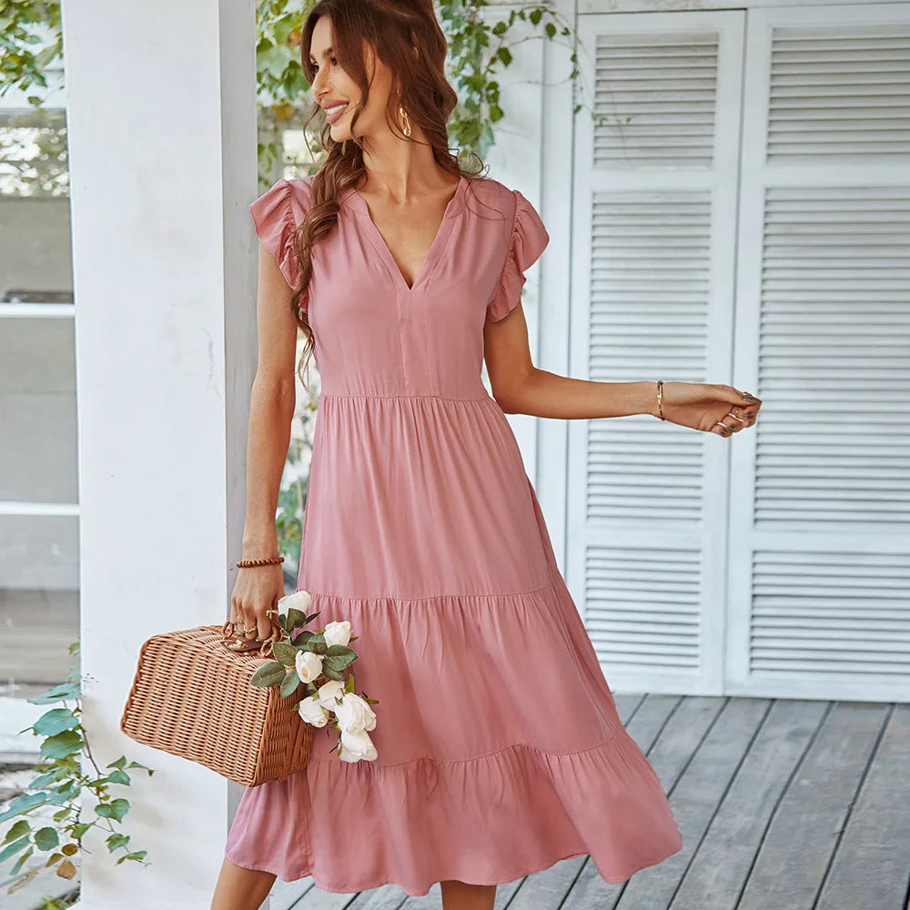 Flying V Neck Midi Dress - VelvetHem