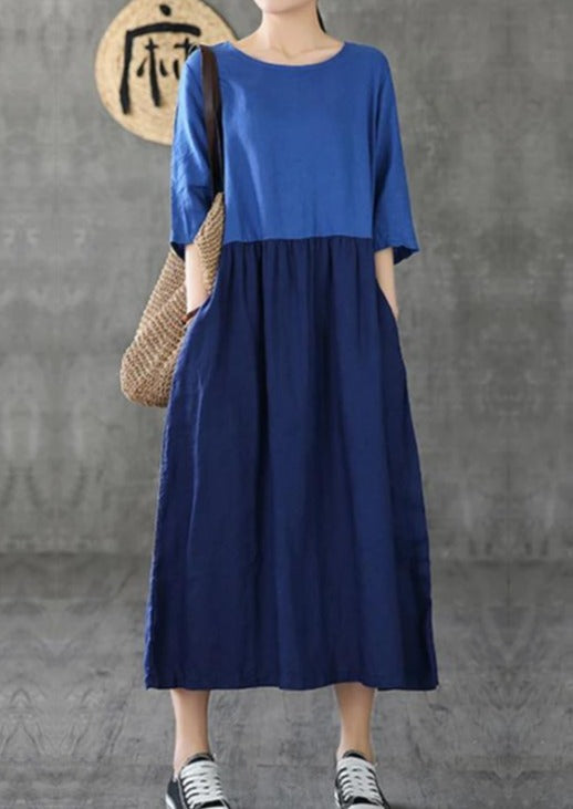 Women Patchwork Half Sleeve Linen Dresses Fashion Ideas Blue Dress Summer