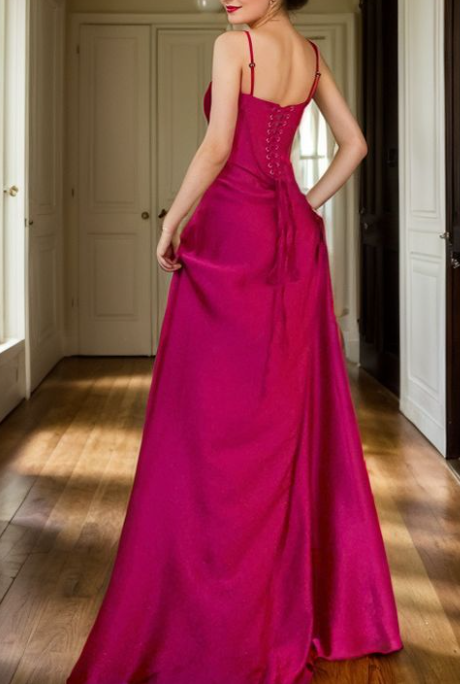 Gorgeous Hot Pink Satin A Line Party Dress Straps Prom Evening Dress