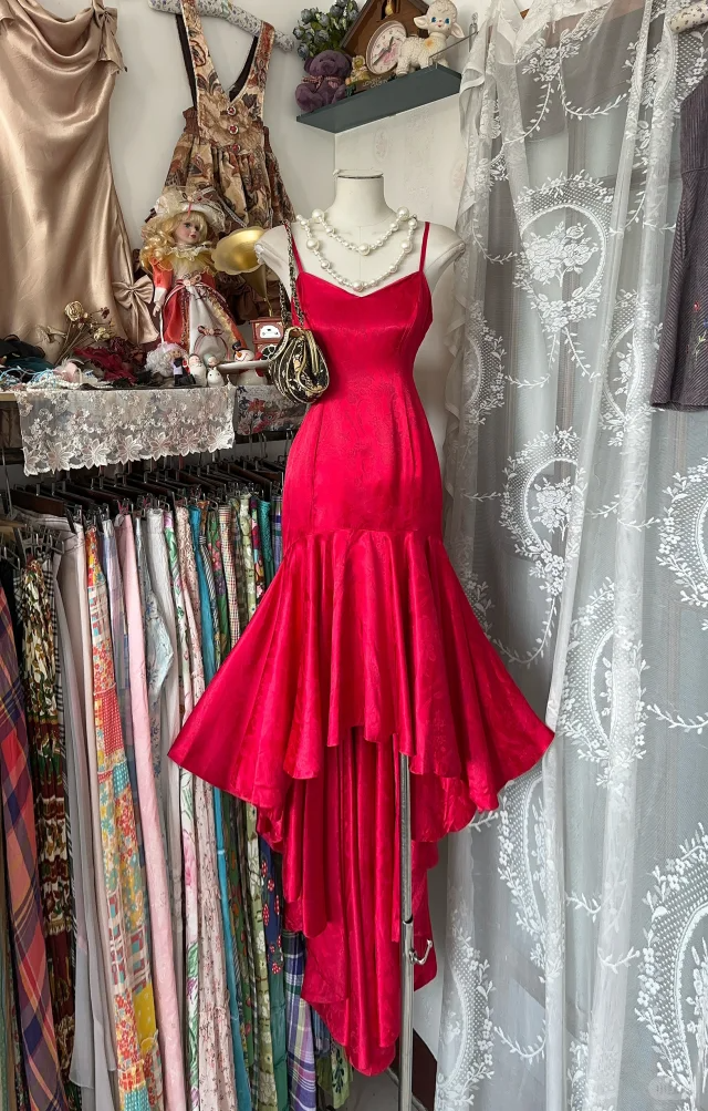Vintage Red Spaghetti Straps Mermaid Party Dress Birthday Dress - VelvetHem