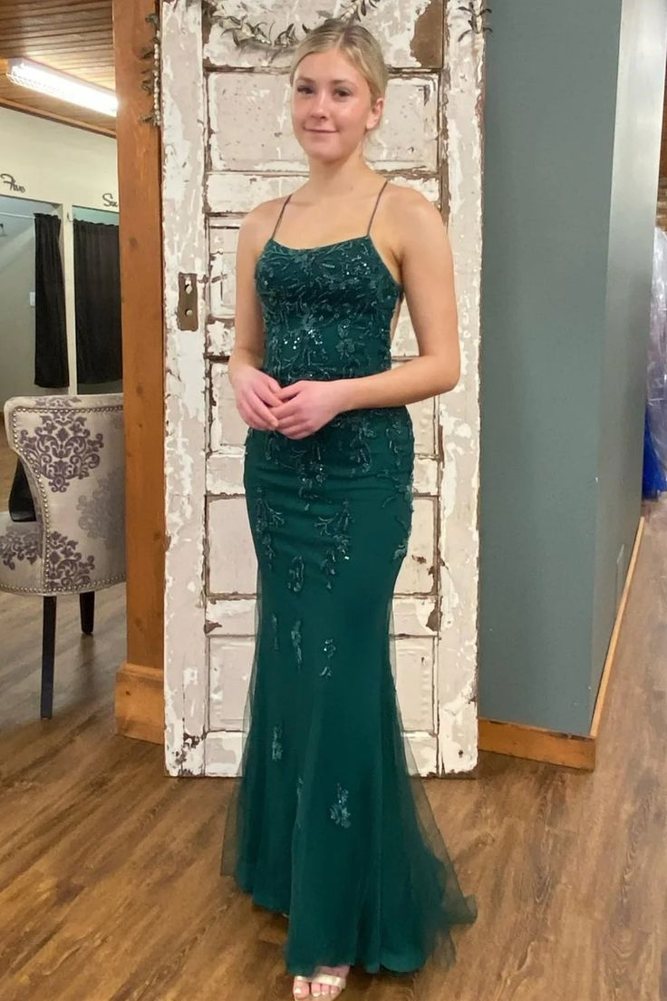 Sexy Backless Mermaid Green Tulle Beaded Long Prom Dress Formal Evening Gown - VelvetHem