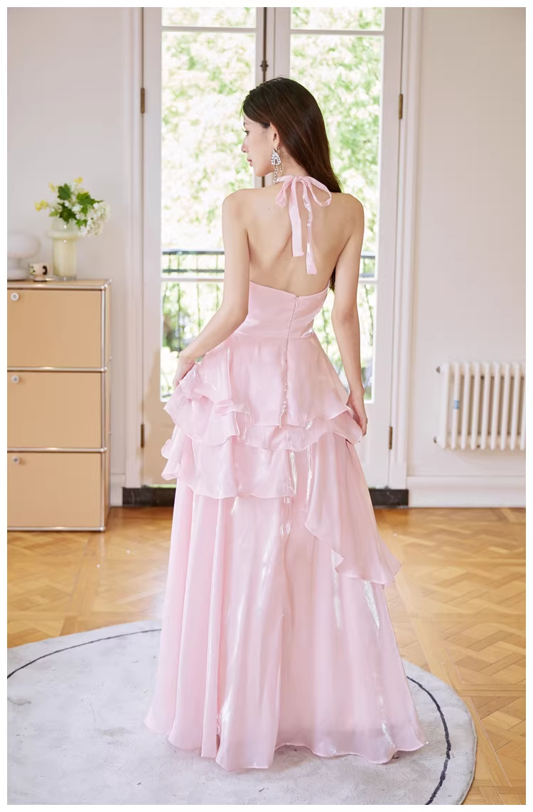 Classy Halter Pink Satin Ruffles Long Birthday Party Dress Evening Dress - View 5 | VelvetHem