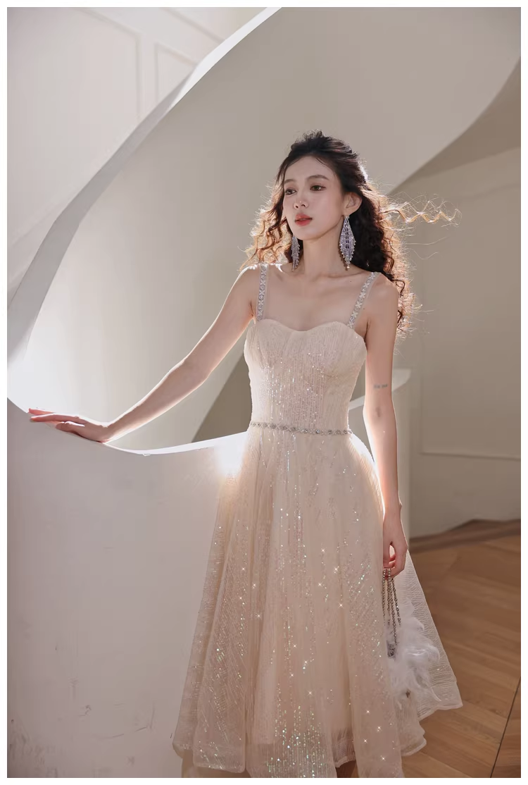 Elegant Light Champagne Tulle Sequin Beaded A Line Mid Length Birthday Prom Dress Evening Gown - View 9 | VelvetHem