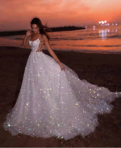 Sparkly Shite Tulle Sequins Prom Dress,Long A Line Wedding Dress Evening Dress - VelvetHem