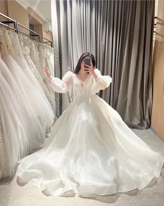 Chic White V Neck Long Sleeves Wedding Dress,White Bridal Dress Y6348 by simplepromdress