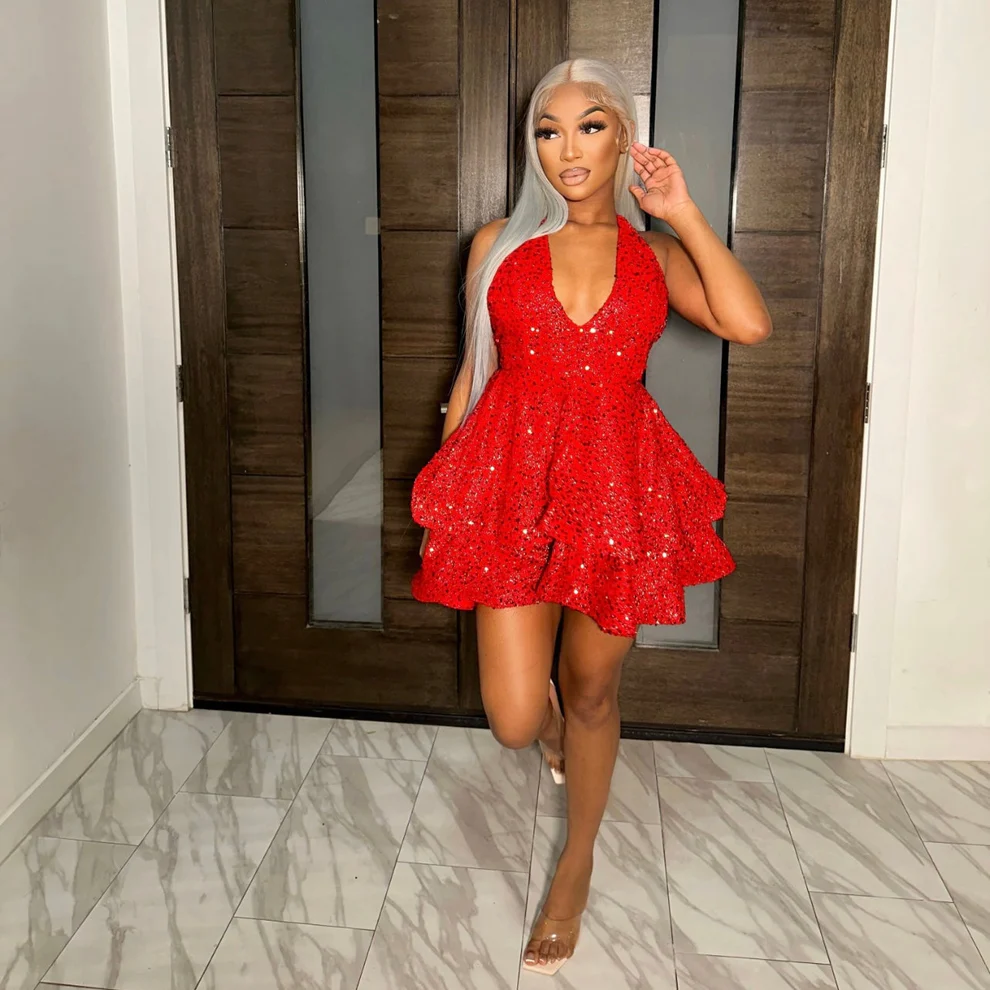 Red Sequin Tiered Homecoming Dress 18th Birthday Party Dress Y2444 - VelvetHem