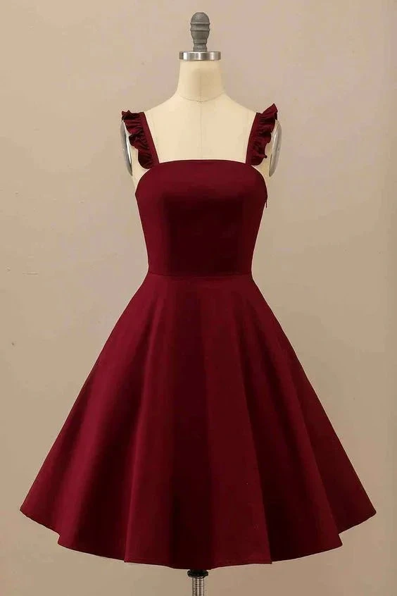 Burgundy A-line Ruffle Straps Satin Mini Homecoming Dress (ZD12804) - VelvetHem