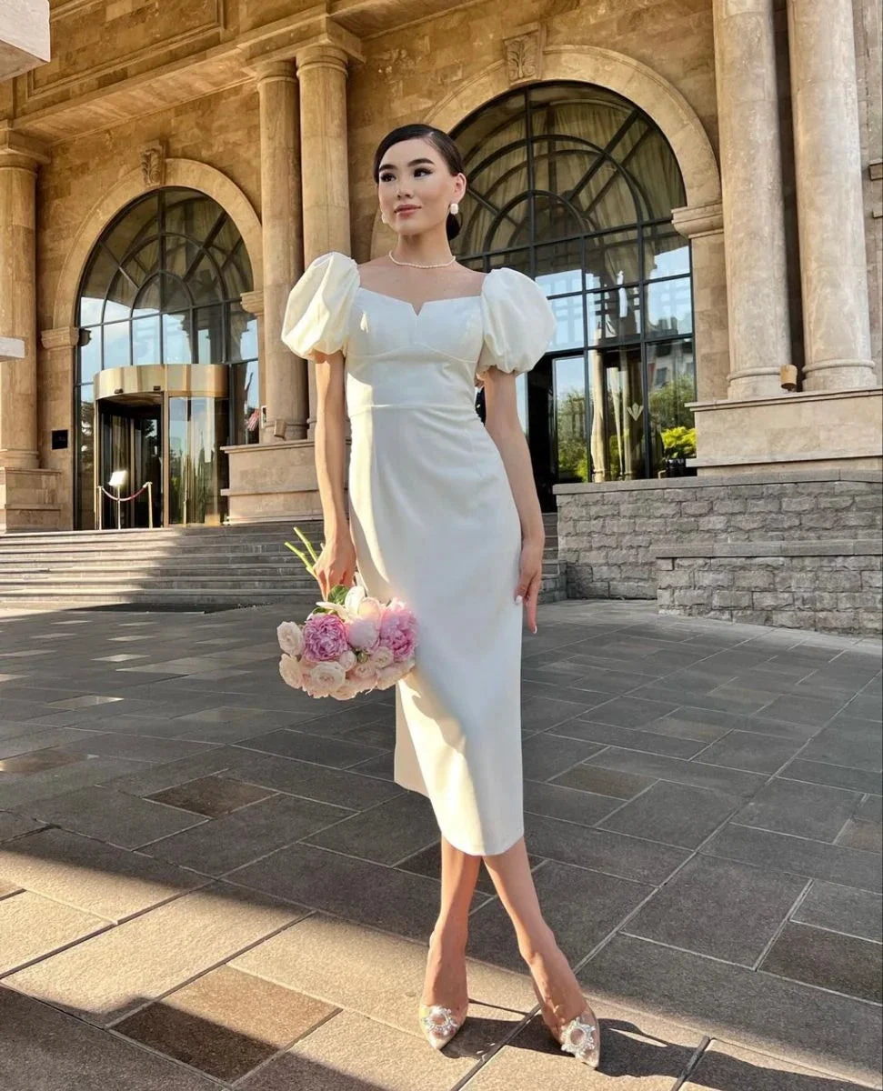 Retro Style White Midi-length Wedding Dress,Engagement Dress (ZD13675)