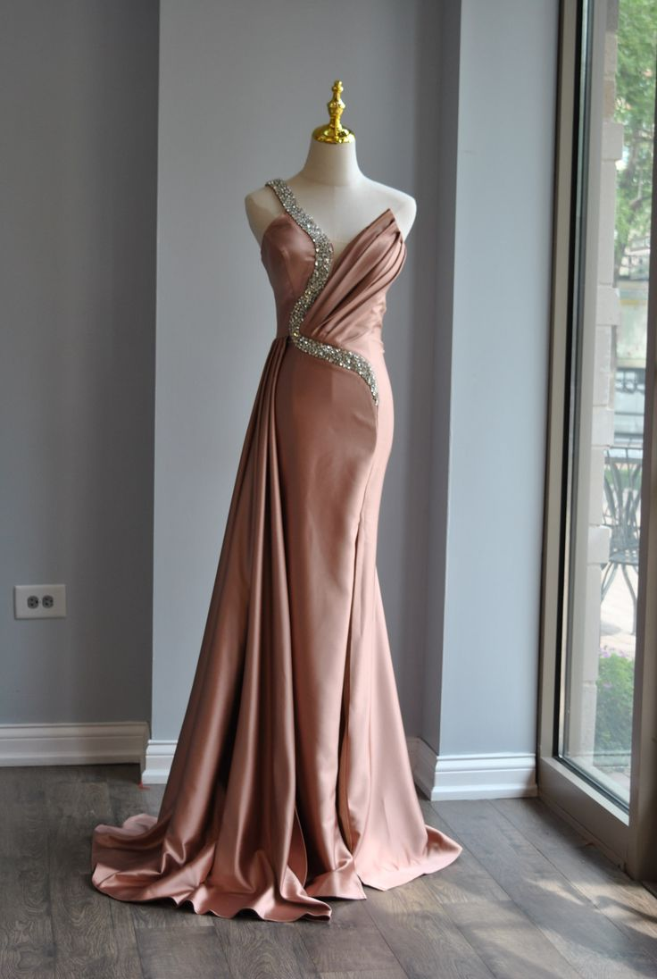 Rose Pink Crystal Beaded Evening Dress One Shoulder Satin Mermaid Long Prom Dress Y8519 - VelvetHem