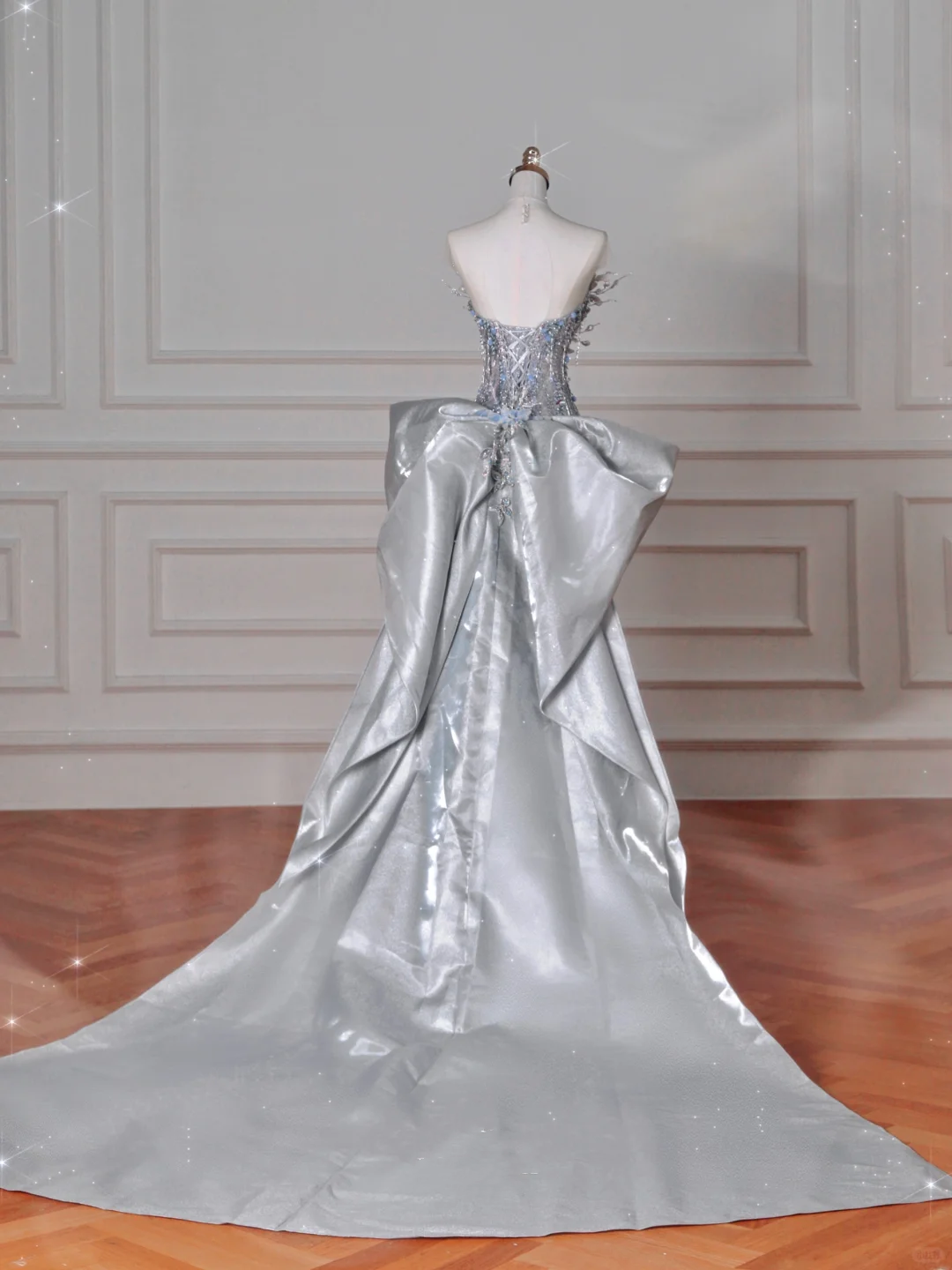 Luxury Silver Sequin 3D Beaded Mermaid Evening Dress Long Prom Dress With Bow Y8640