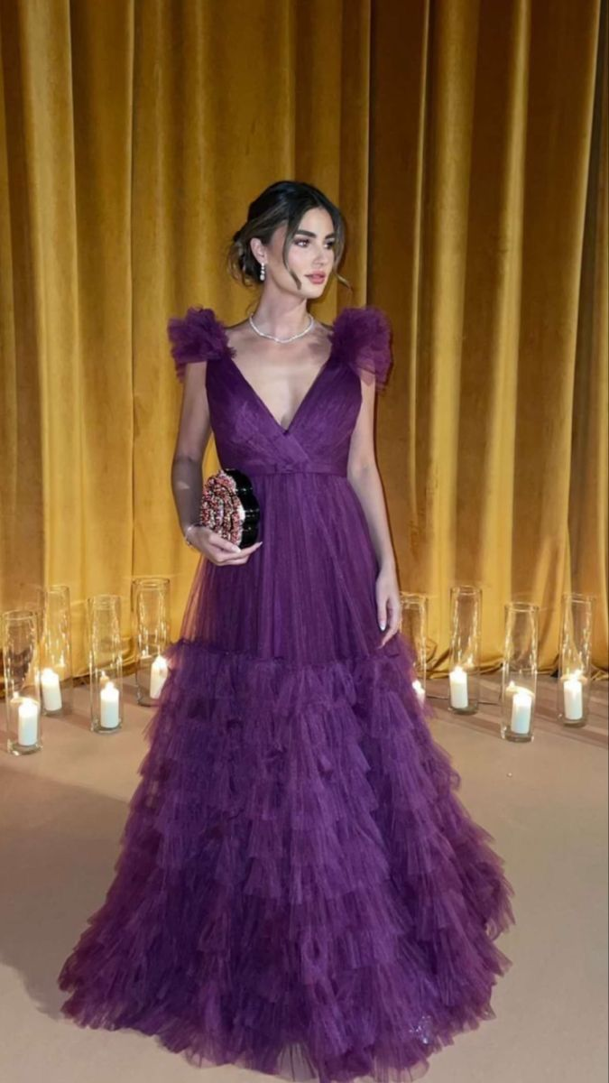 Sexy Purple Tulle Layered Ruffles Prom Dress A Line Long Evening Dress Y8225 - VelvetHem