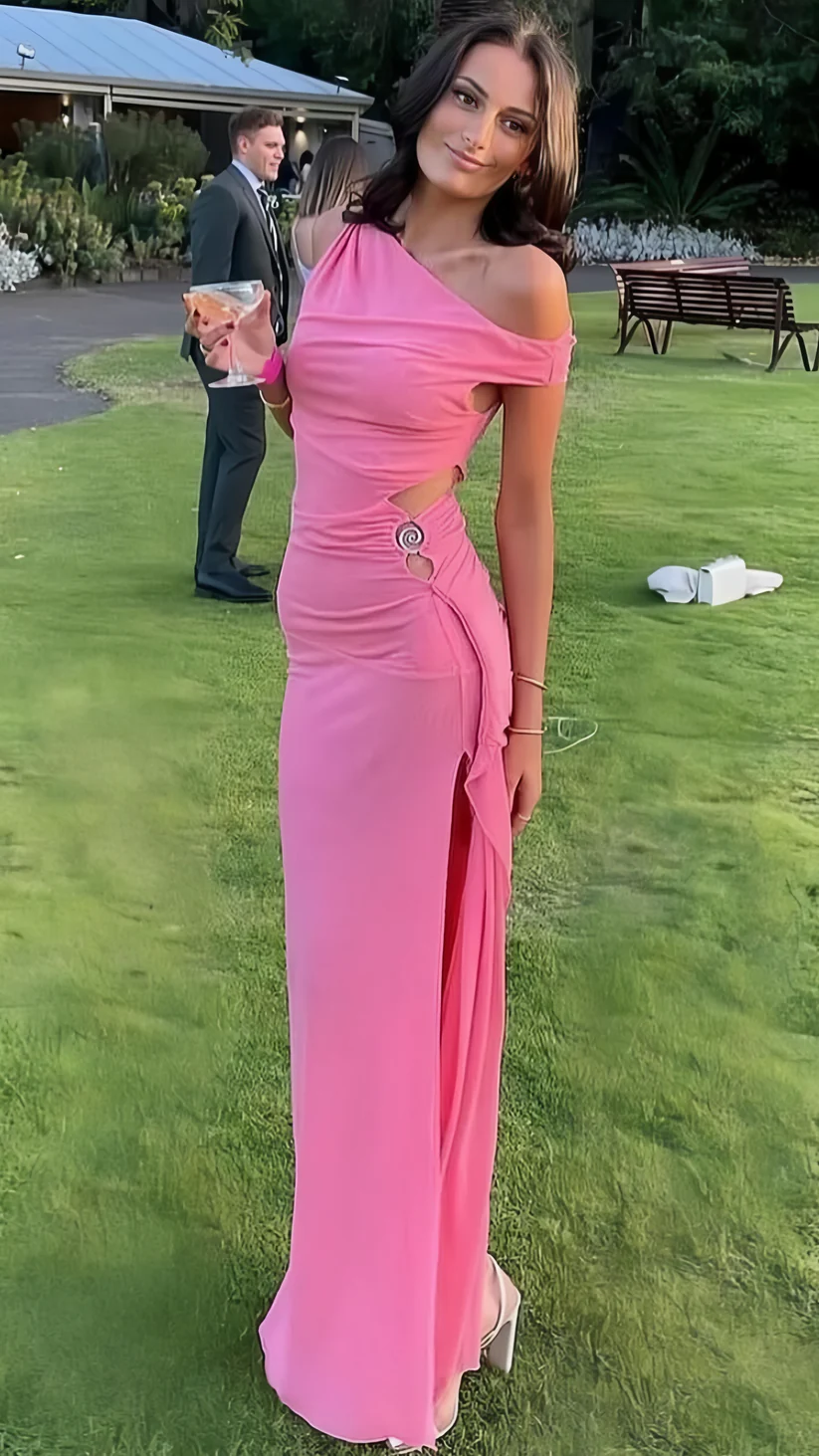 Sexy Pink Chiffon Slit Side Bodycon Long Party Dress Evening Dress - VelvetHem