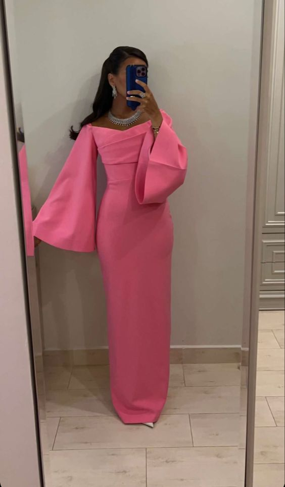 Pink Sheath/Column Evening Gown Long Sleeves Pink Prom Dress Y6039 - VelvetHem