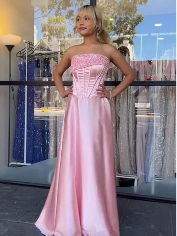 Pink Strapless Beaded Satin Formal Mermaid Prom Evening Dress Y7866 - VelvetHem