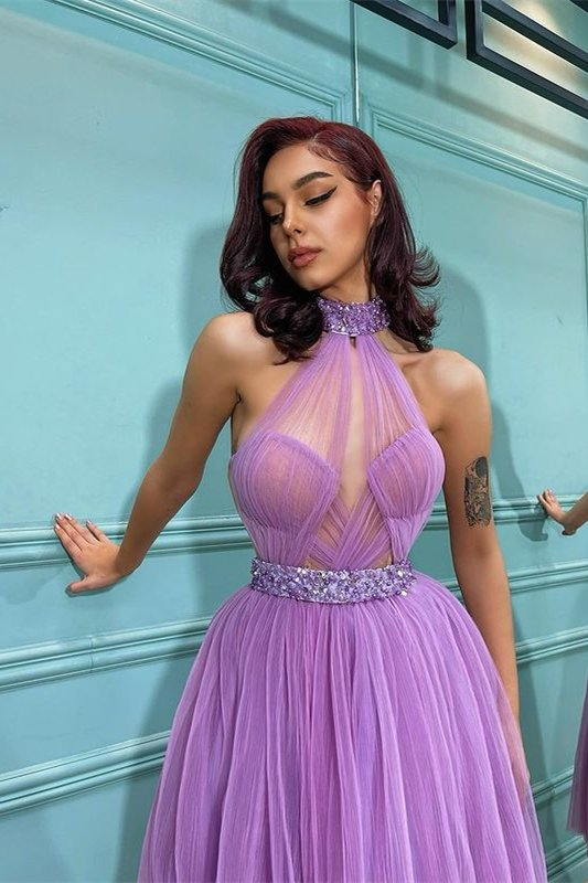 Lavender High Neck Short Tulle Prom Dress - VelvetHem