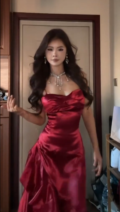 Elegant Spaghetti Straps Burgundy Satin Layered Mermaid Evening Dress Long Wedding Guest Dress - View 5 | VelvetHem