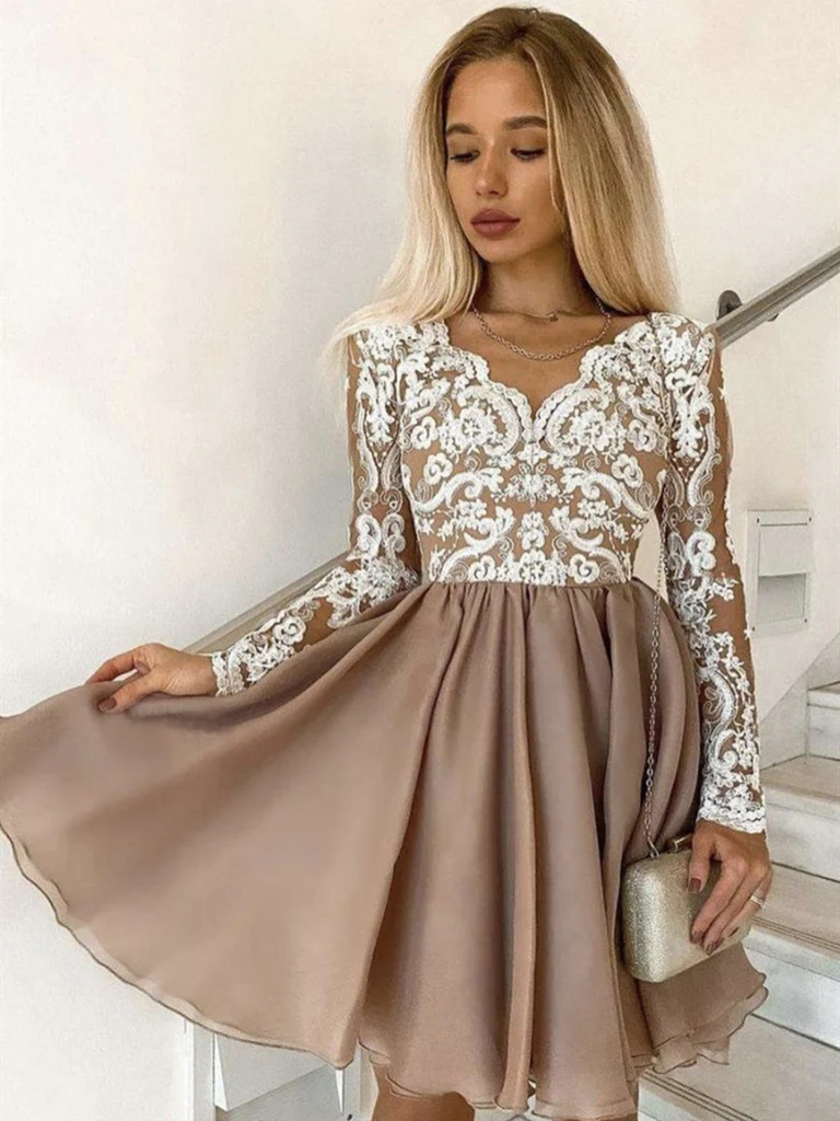 Long Sleeves Short Champagne Lace Homecoming Dresses, Short Champagne Lace Formal Graduation Dresses - VelvetHem